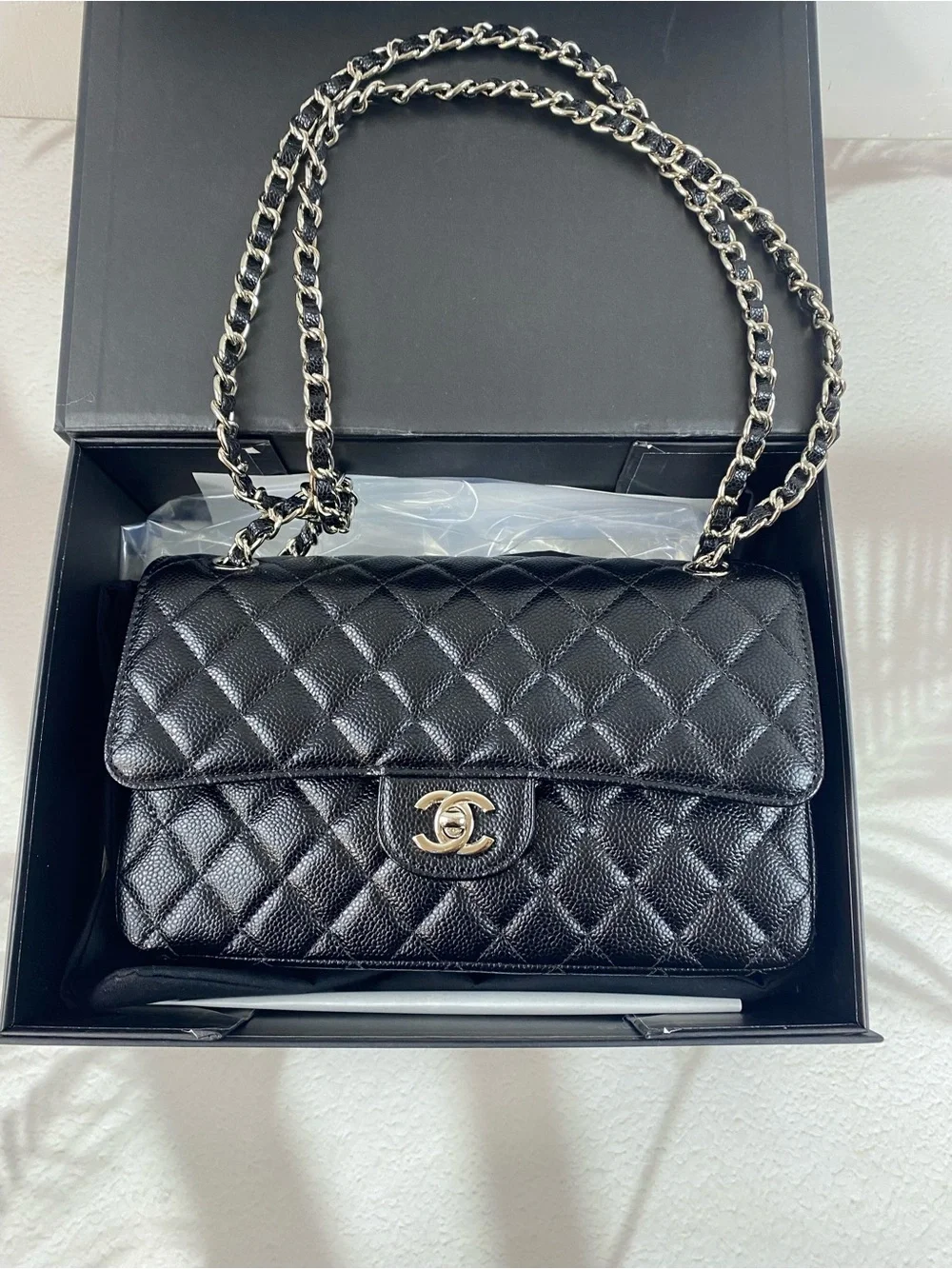 Chanel Black Quilted Caviar Leather Shoulder Bag with Silver Chain